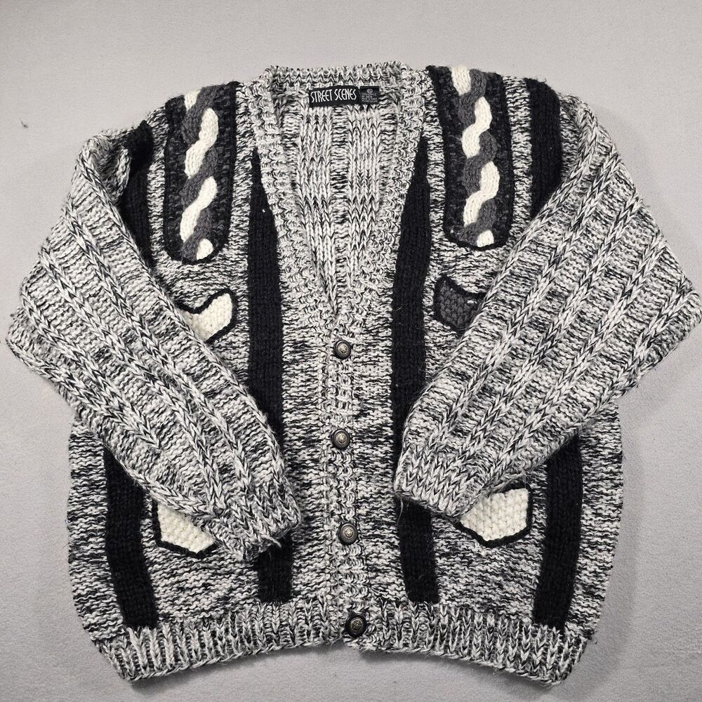 Vintage Street Scenes Men's XL Button Up Sweater Black & White Chunky Knit